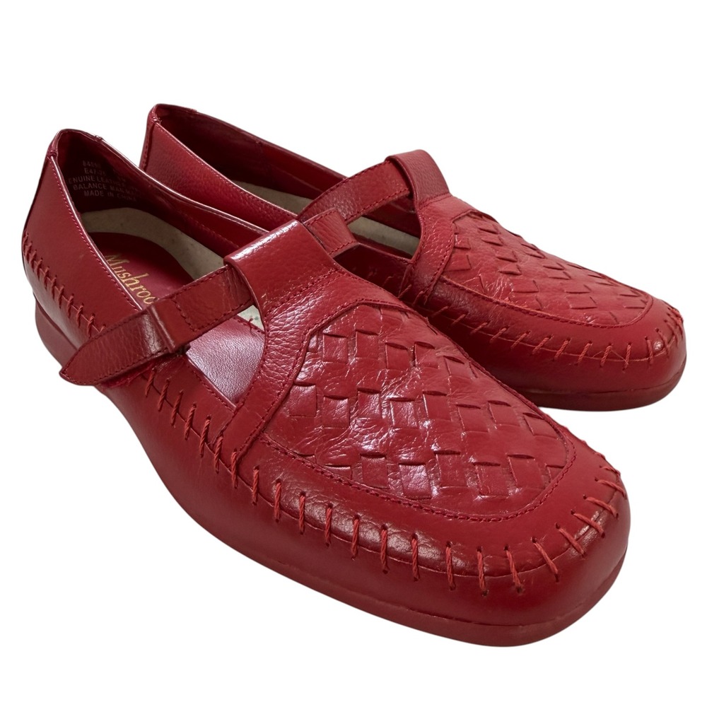 Mushrooms Women's Red Leather Woven T-Strap Mary Jane Loafers Square Toe 9M